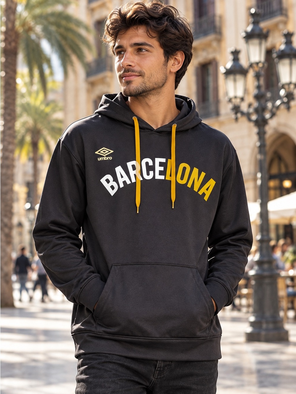 Umbro Barcelona Pullover Hoodie Dark Gray Gold Drawstring Graphic Mens Large EUC
